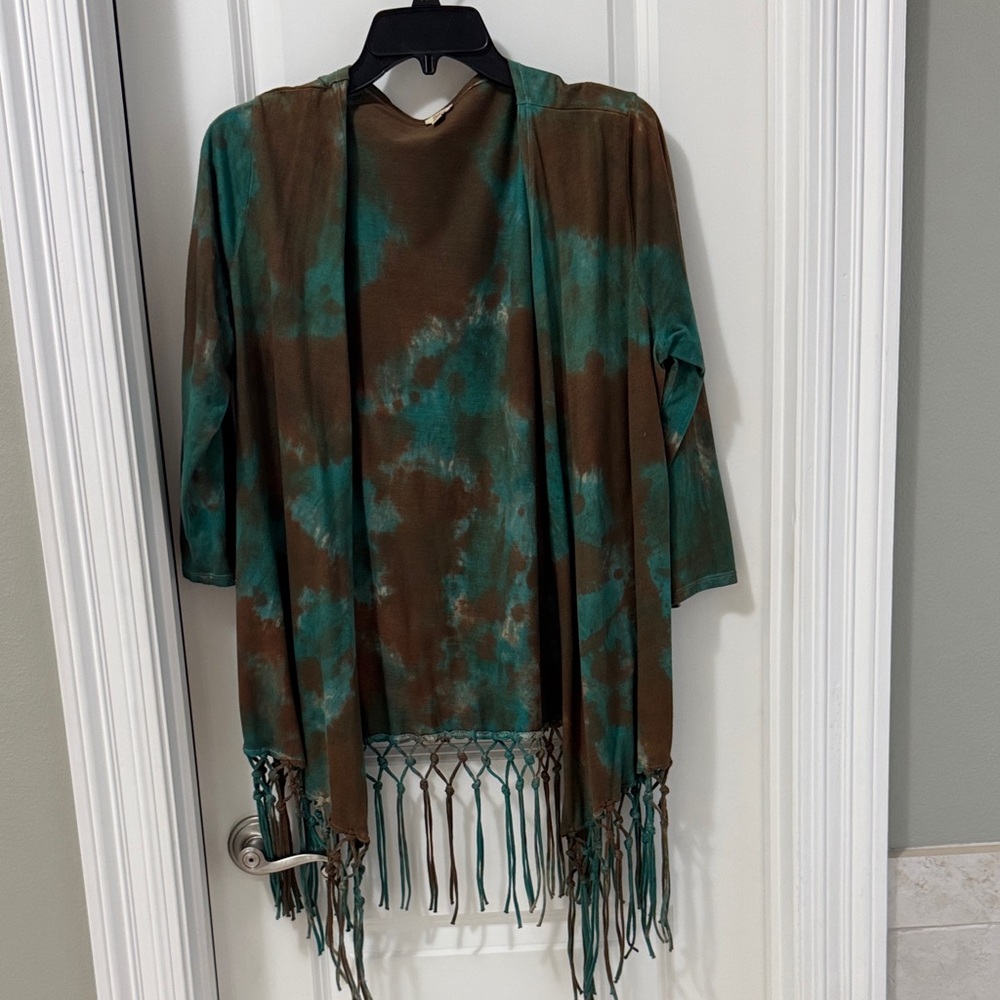 Reba Brown and Teal Tie-Dye Fringe Open-Front Cardigan